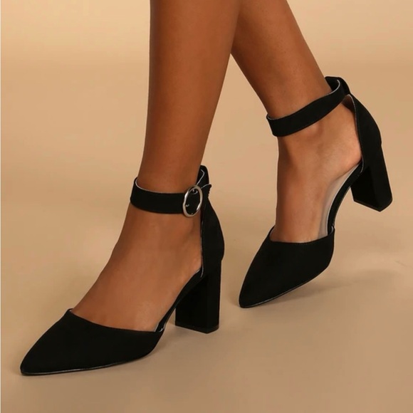 Lulus Shoes - Lulus Molly Mae Black Suede Pointed-Toe Ankle Strap Pumps. Size 9.